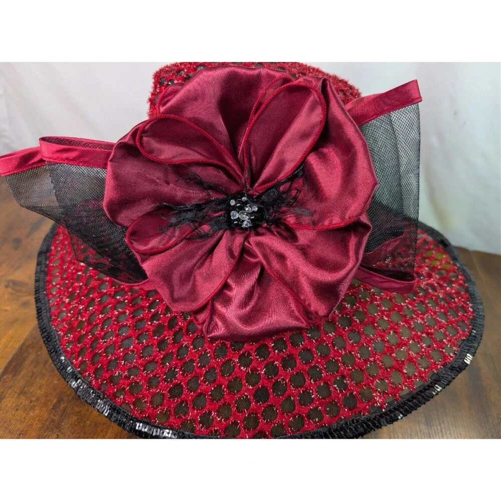 NWT FS Professional Ladies Hat Red Black Wide Brim Kentucky Derby Church Tea